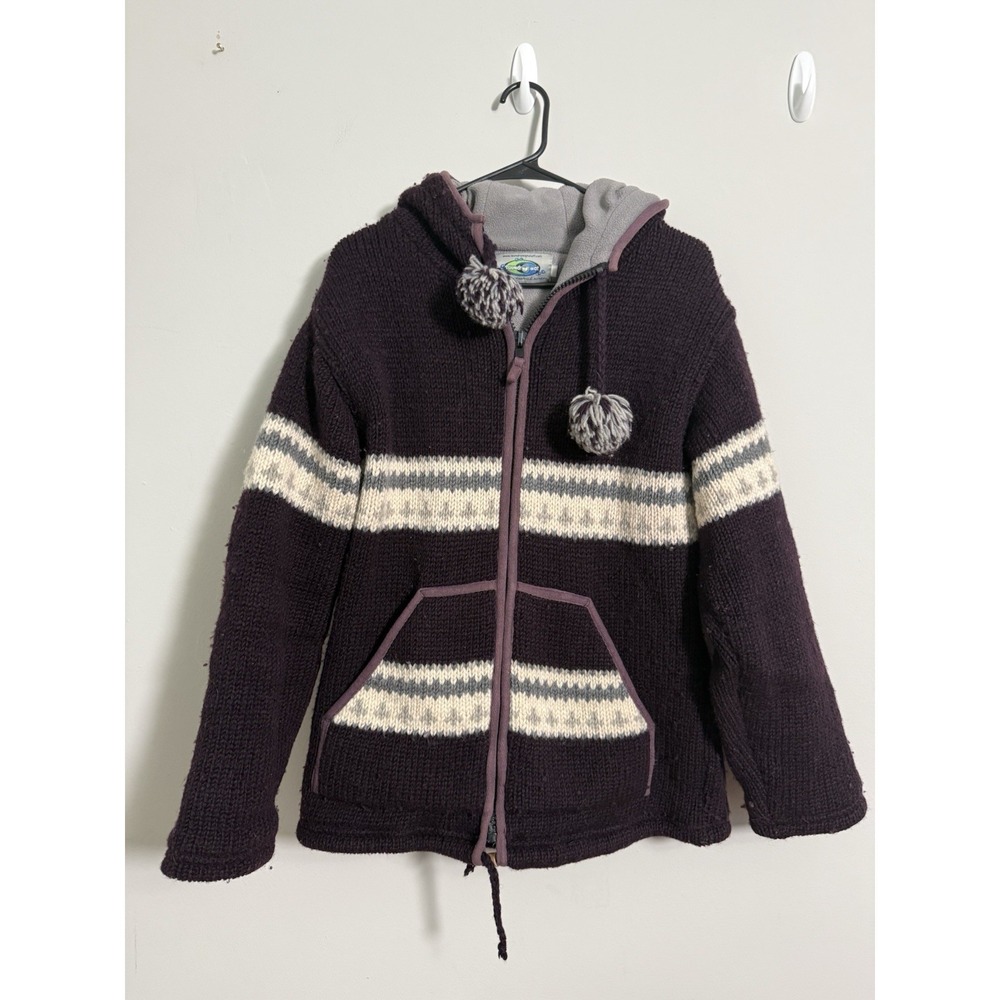 Laundromat Fleece Aztec Chunky Knit Wool Zip Hooded Cardigan Jacket L Nepal